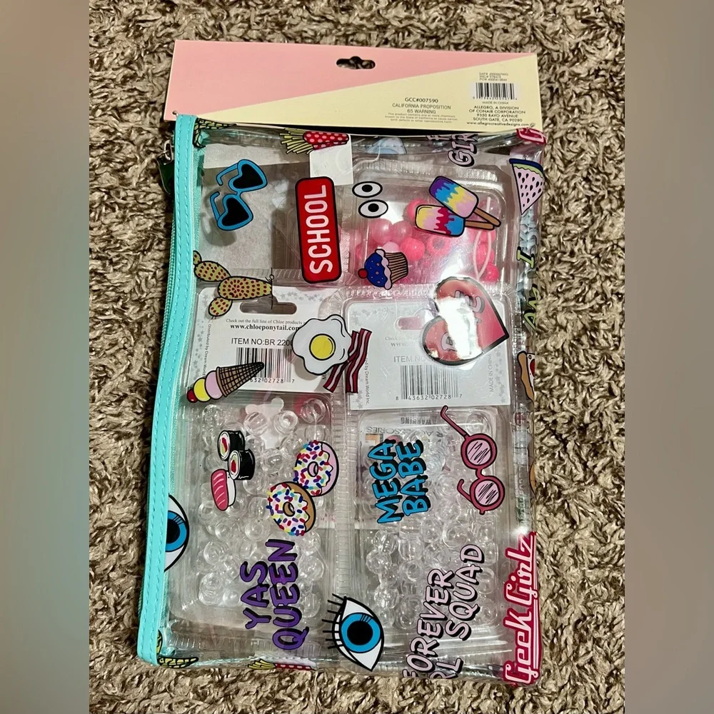 NWT 5 PC Chloe Hair Pink and Clear Bead Pencil Case Set